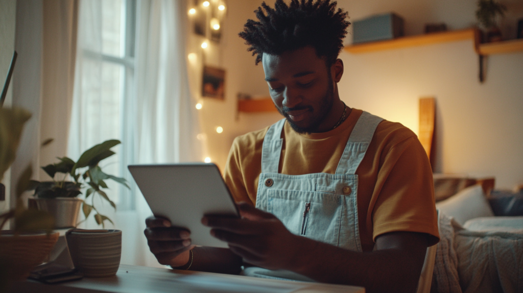 A young man enjoying flexible learning from the comfort of his home on his tablet