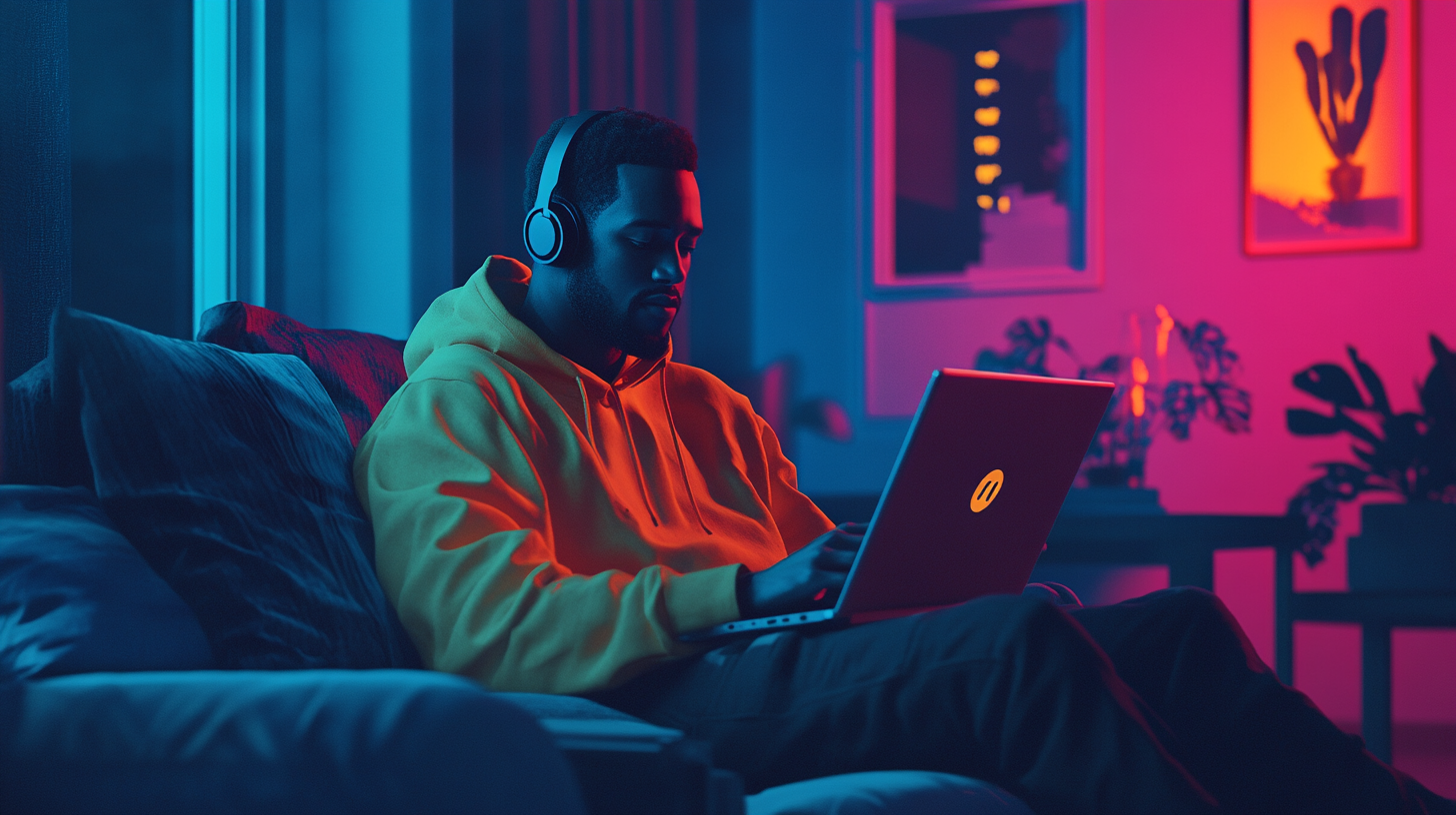 A man using headphone and a laptop in his living room.