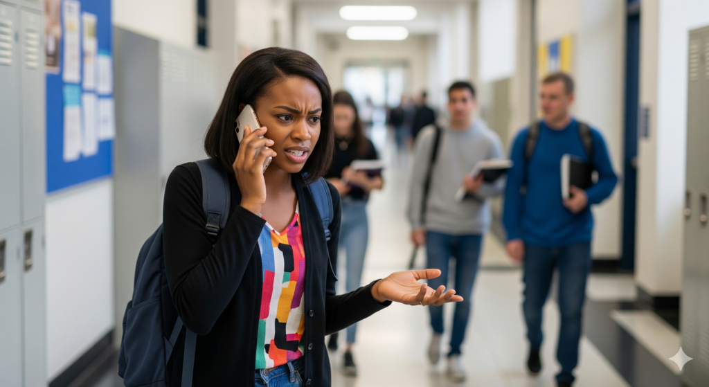 A university female student having an argument over the phone in a hallway