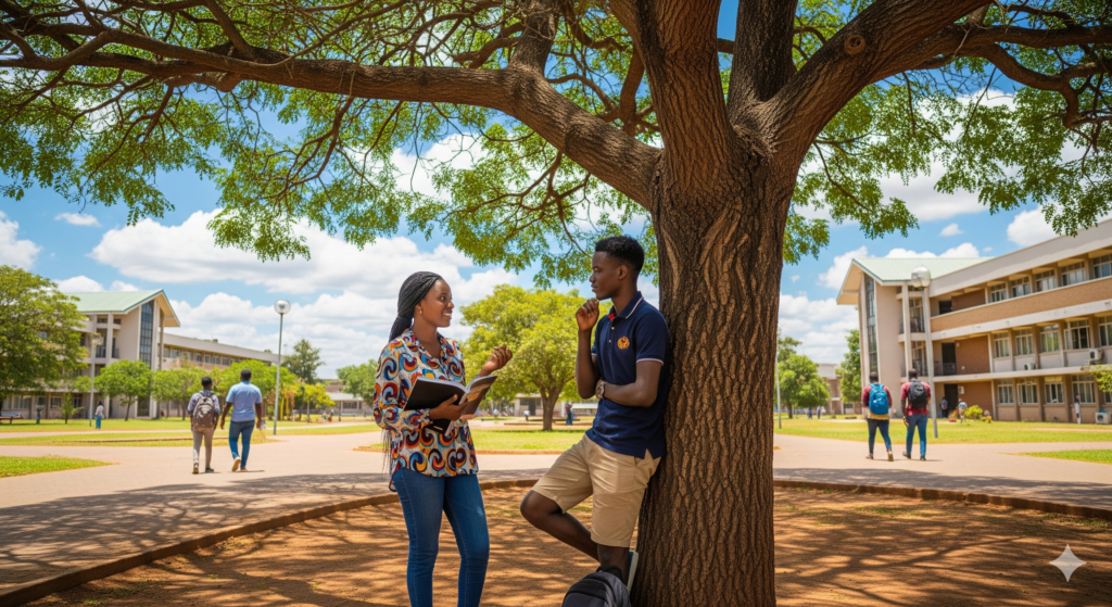 Two university students talking under a tree