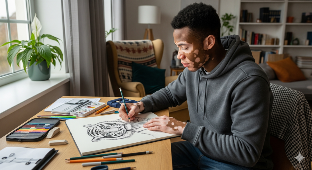 A university male student with vitiligo in his well-lit living room sketching a tiger in a sketchpad