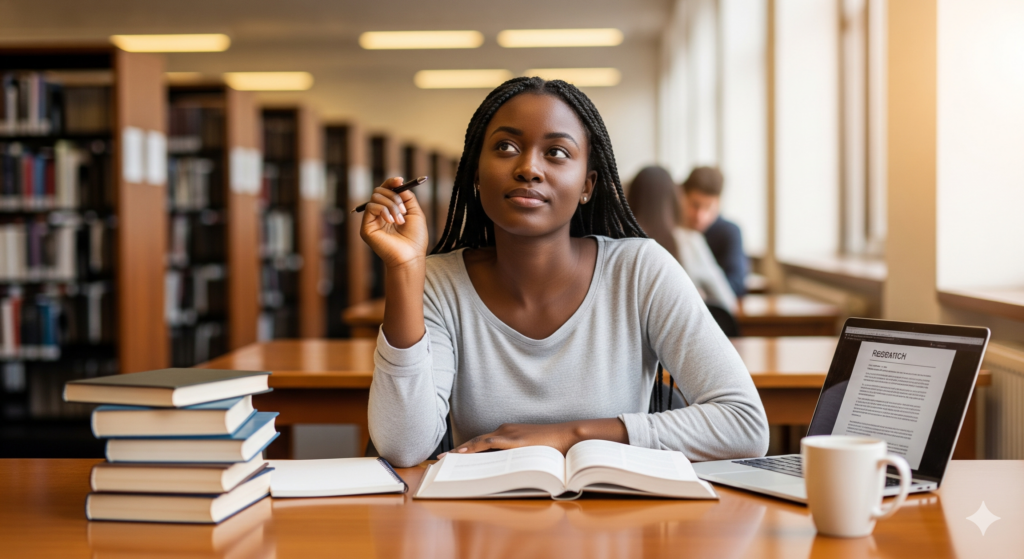 A university female student thinking as she works at a desk in library
