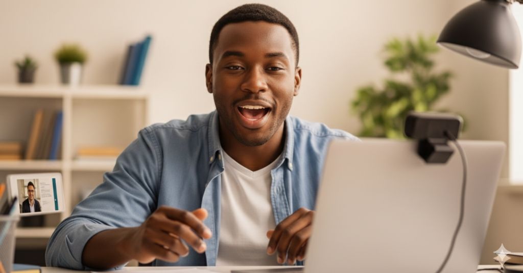 A 16:9 front view of a male student actively talking during a presentation