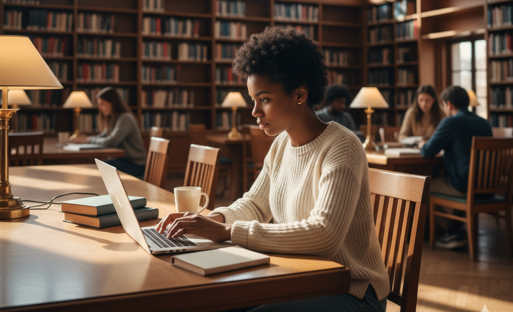 A student studying with a laptop in a library