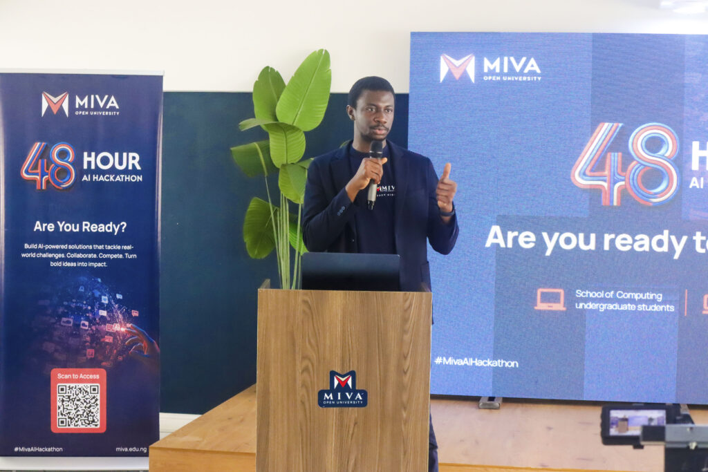 AyoOluwa Nihinlola, Chief Content Officer of the uLesson Group, during his opening remarks at Miva's first AI Hackathon.