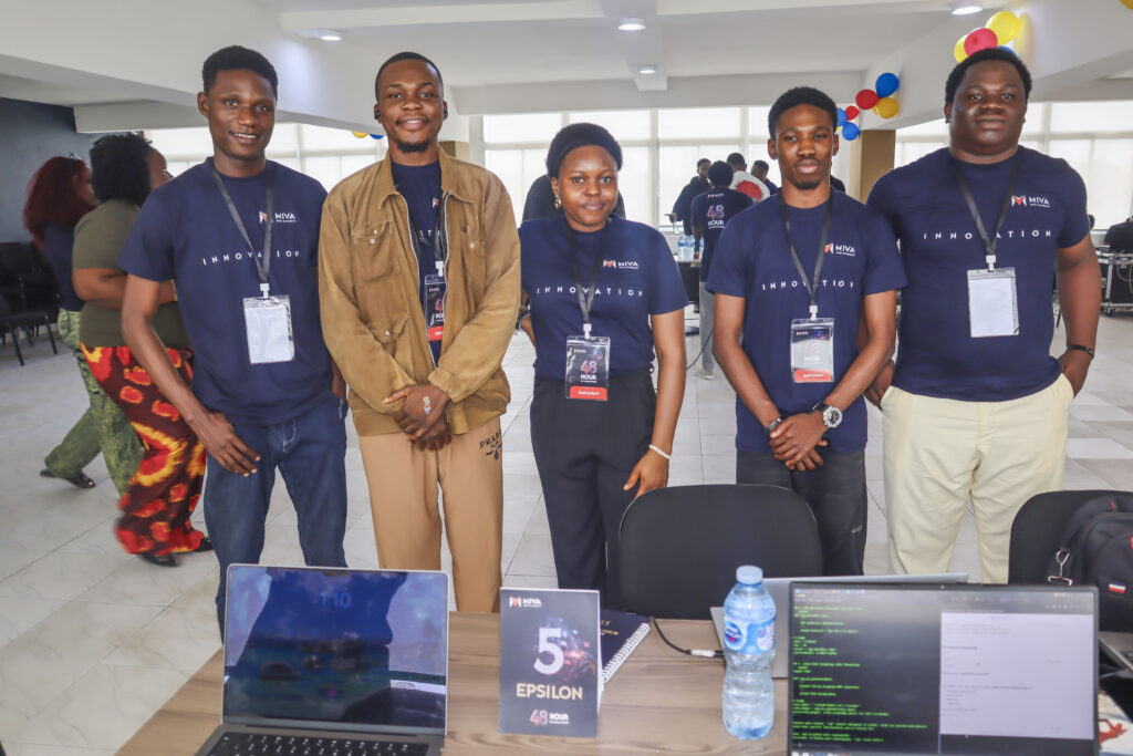 L-R: Tunji David Obidokun, Emmanuel Udeanukwu, Tasie Peace Eberechi, Usman Balogun, and Orji Kamdilichukwu Miracle, onsite members of Team Epsilon, winners of Miva's first AI hackathon.