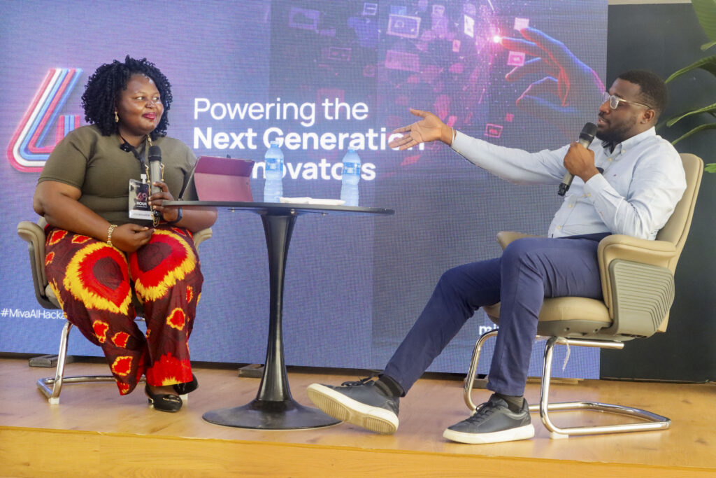 Binta Gali Agbonnika, Senior Manager of the Career Advancement Centre at Miva Open University and Kehinde Olateru, founder of ZeroComplex AI, during a discussion at the Miva AI Hackathon.