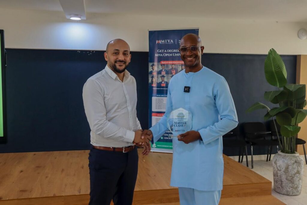 L-R: Jaouad Rahou, Chief Financial Officer, Miva Open University, and Ladi Balogun, Group Chief Executive Officer, the FCMB Group, at the masterclass at the Miva Open University Lagos Study Centre.
