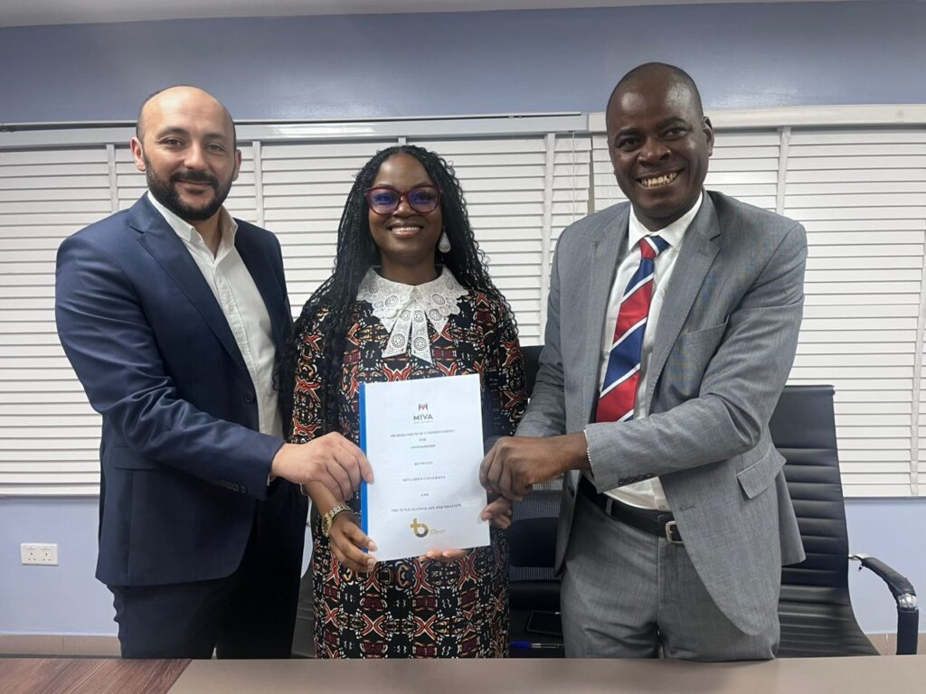 L-R: Jaouod Rahou, Chief Financial Officer at Miva Open University; Ms Bomo Anthony, General Manager at the Tunji Olowolafe Foundation; and Dr Femi Akinbola, HOD Business Management at Miva Open University, at the MoU signing ceremony for the Gbemisola Olowolafe Miva Scholarship.