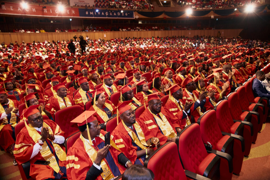 Graduands and well-wishers at the 2026 maiden convocation at the Wole Soyinka Centre for Culture and Creative Arts, Iganmu, Lagos, during the Chancellor's speech.