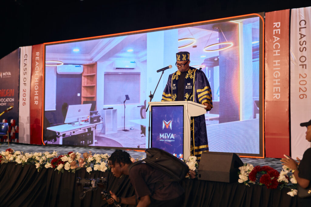 The Chancellor, Sim Shagaya, while speaking about the Miva Robotics Lab.