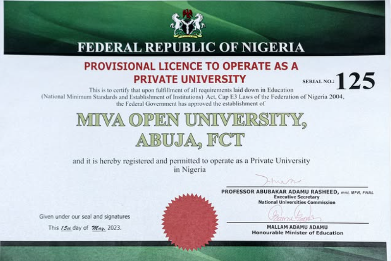 Miva Open University received its licence from the NUC in 2023