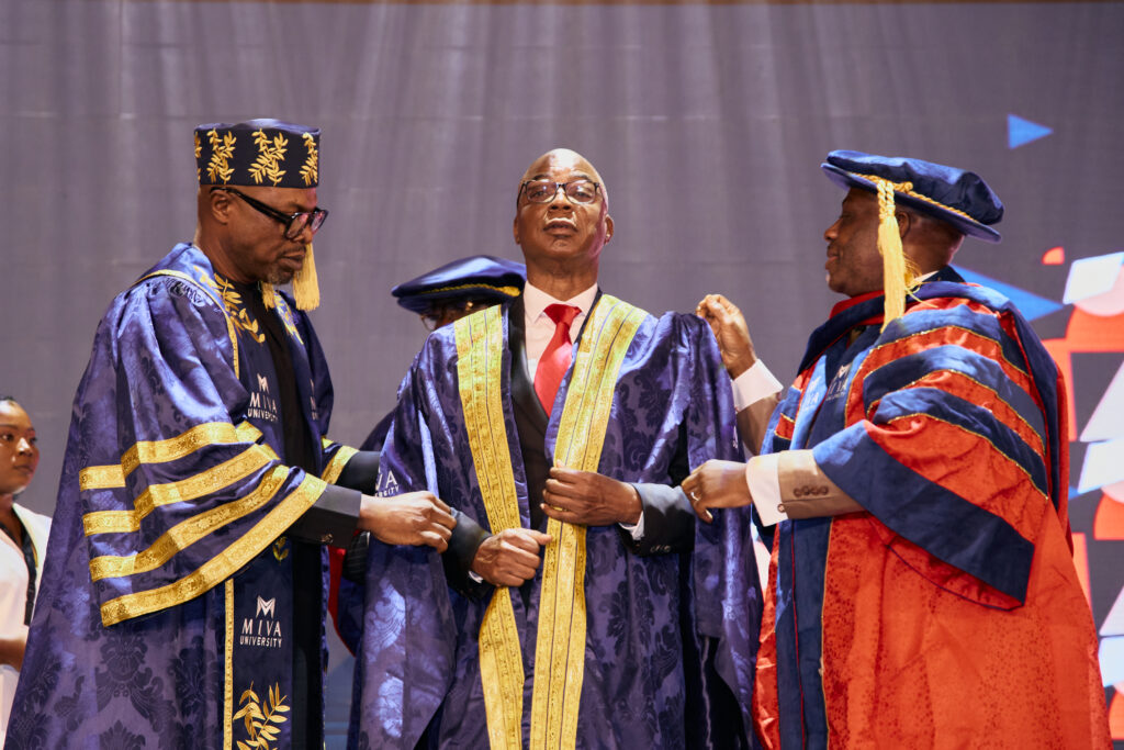 The investiture of Dr Tunji Olowolafe as Pro-Chancellor of Miva Open University at the Miva maiden convocation ceremony by the Chancellor, Sim Shagaya (L), the Honourable Minister of Education, Dr Tunji Alausa (R), and Vice-Chancellor, Prof. Tayo Arulogun (behind).