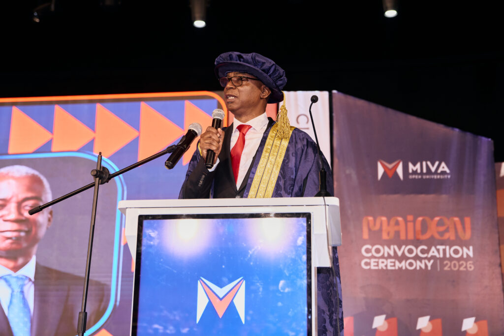 Dr Tunji Olowolafe, Pro-Chancellor of Miva Open University, during his inaugural address at the maiden convocation ceremony.