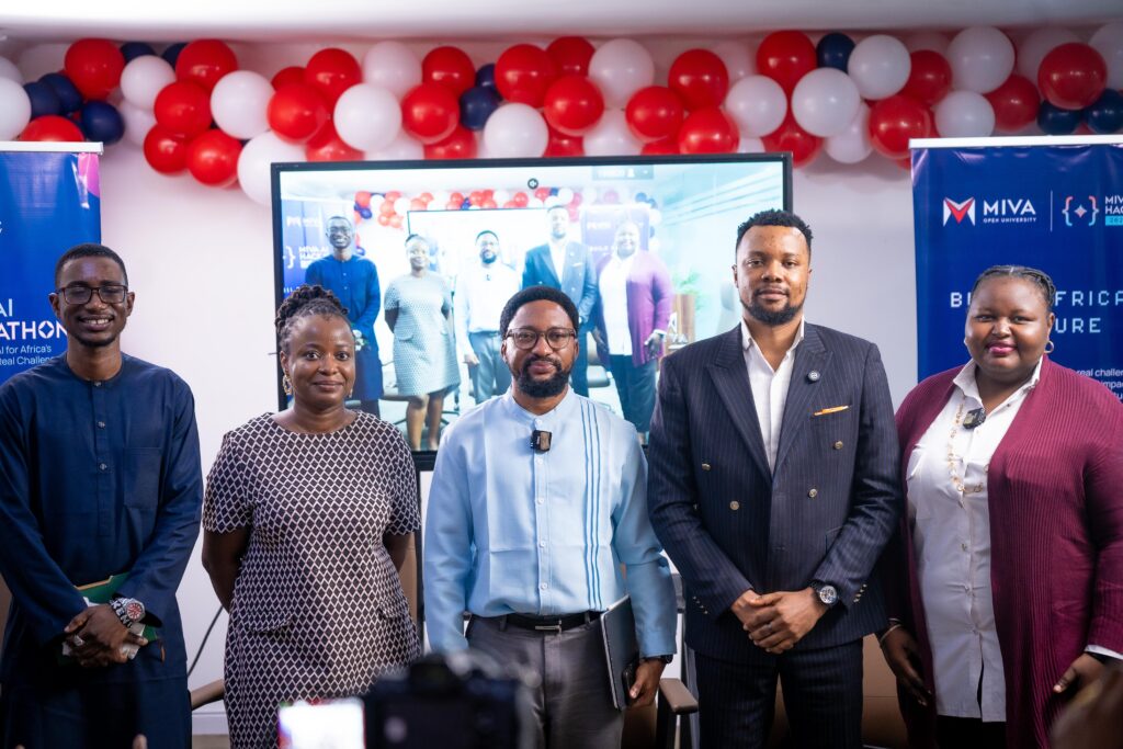 (L-R) Olaoluwa Adewusi, Communications and Community Manager at NASENI; Yemisi Ajeojo, Founder of Zenith Social Enterprise Limited; Paul Ehiagbonare, Chief Technology & Innovation Officer at The uLesson Group; Davidson Amedu, CEO of Upportune International; and Binta Gali, Senior Manager of the Career Advancement Centre at Miva Open University, after the panel session at the Miva AI Hackathon 2026.