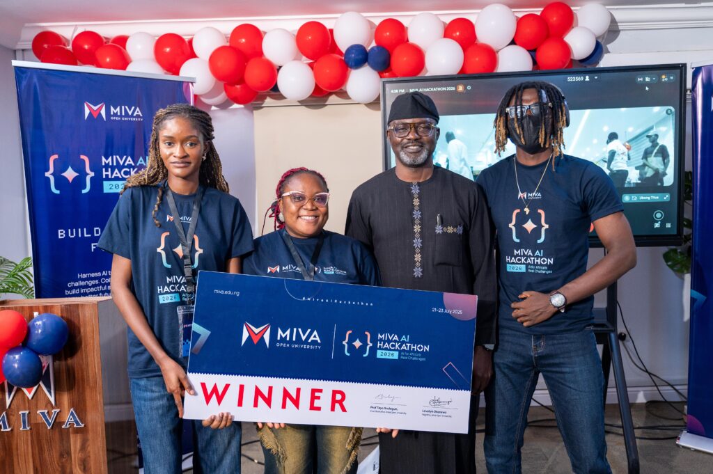 Team Vector and the Vice-Chancellor of Miva Open University, Prof. Tayo Arulogun.