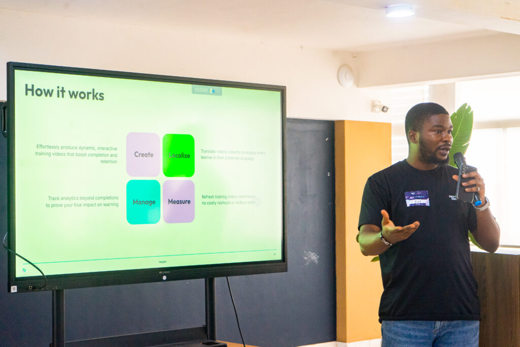 Kelechi Nwaogwugwu, Operations Manager in the Content Development department at the uLesson Group, presenting at the Scaling Stories: AI Video workshop.