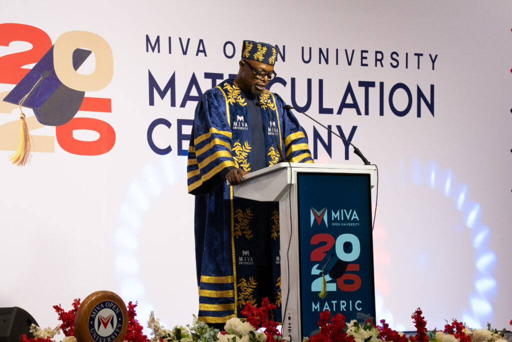 Sim Shagaya, founder of the uLesson Group and Chancellor of Miva Open University, giving his address at the 2026 Miva matriculation ceremony in Abuja.