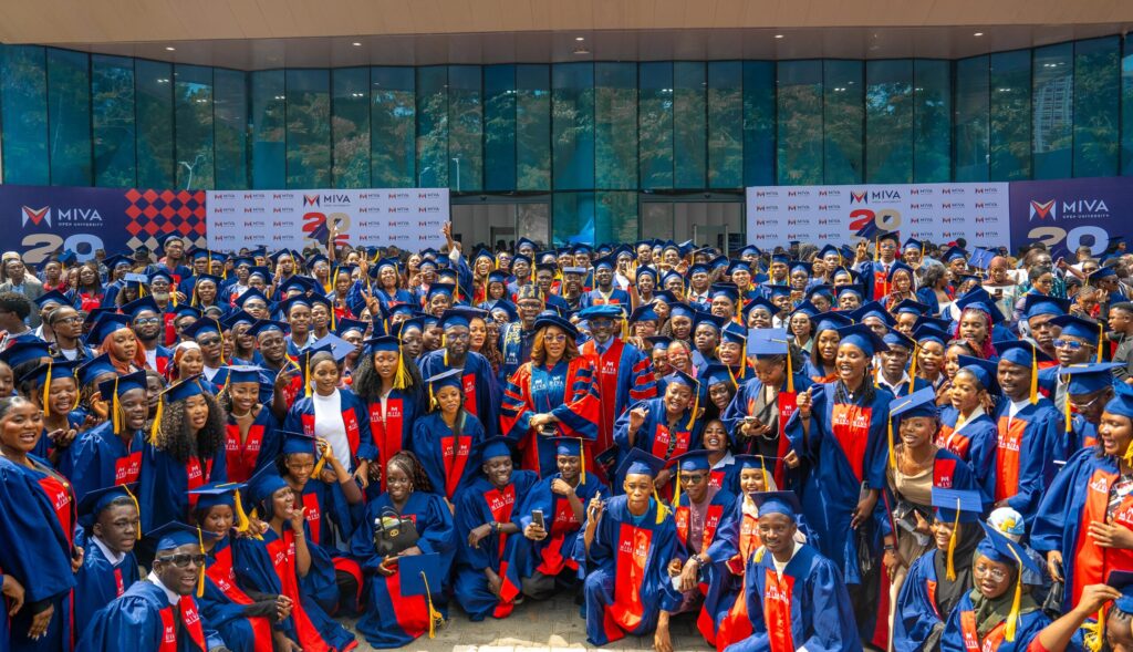 Some of the 2026 matriculating class with the Chancellor, Sim Shagaya; the Registrar, Lovelyn Okonkwo; and the Vice-Chancellor, Prof. Tayo Arulogun.