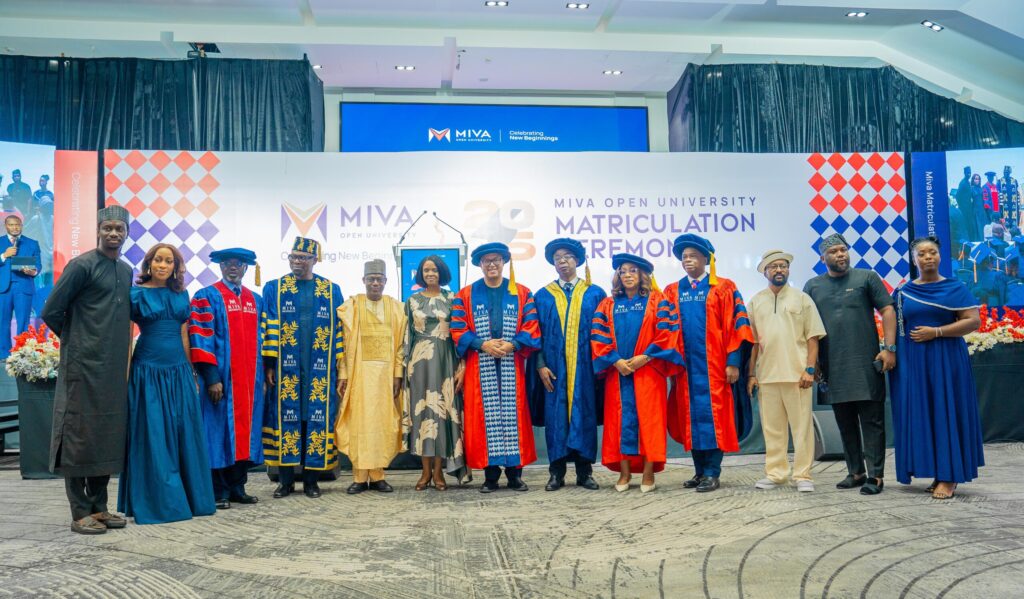 (L-R) AyoOluwa Nihinlola, Chief Content Officer, the uLesson Group; Aniekeme Umoh, Chief Operations Officer, the uLesson Group; Prof. Tayo Arulogun, Vice-Chancellor, Miva Open University; Sim Shagaya, Chancellor, Miva Open University, and Executive Chairman, the uLesson Group; Mr Chris Maiyaki, Former Acting Executive Secretary, National Universities Commission (NUC); Mrs Vivianne Ihekweazu, wife of the keynote speaker and Managing Director, Nigeria Health Watch; Dr Chikwe Ihekweazu, Executive Director, World Health Organization (WHO); Dr Tunji Olowolafe, Pro-Chancellor, Miva Open University; Lovelyn Okonkwo, Registrar, Miva Open University; Iheanyi Akwitti. GCEO-Designate, the uLesson Group; Paul Ehiagbonare, Chief Technology and Innovation Officer; Dipo Olugbemi, Chief People Officer, the uLesson Group; and Udochi Obiukwu, Chief Academic Officer, at the 2026 Miva Matriculation Ceremony in Abuja.