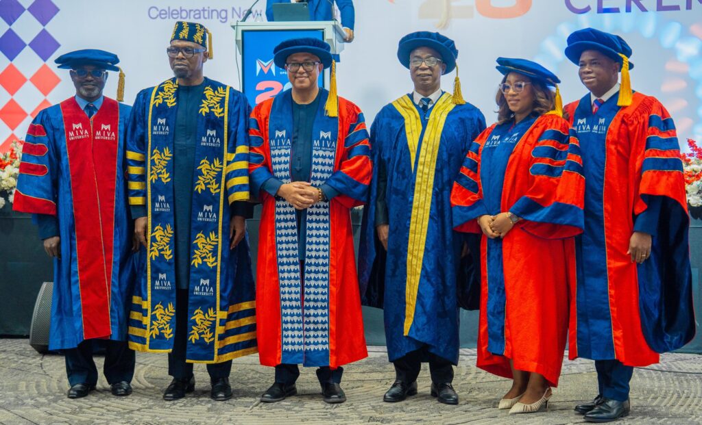 (L-R) Prof. Tayo Arulogun, Vice-Chancellor, Miva Open University; Sim Shagaya, Chancellor, Miva Open University, and Executive Chairman, the uLesson Group; Dr Chikwe Ihekweazu, Executive Director, World Health Organization (WHO); Dr Tunji Olowolafe, Pro-Chancellor, Miva Open University; Lovelyn Okonkwo, Registrar, Miva Open University; Iheanyi Akwitti. GCEO-Designate, the uLesson Group, at the 2026 Miva Matriculation Ceremony in Abuja.